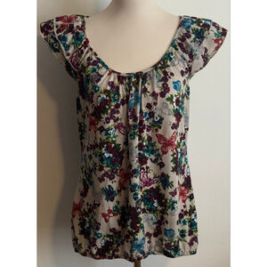 Juniors No Boundaries Beige Multicolor Floral Butterfly Short Sleeve Tee XL